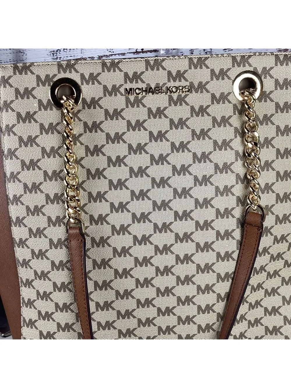Michael‎ Kors Jet Set Chain Large work Tote Bag Brown tan signature laptop NWT